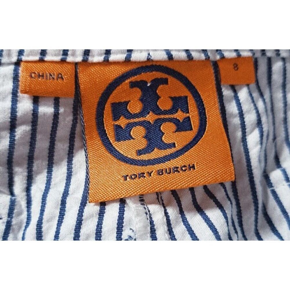 Tory Burch Pants Size 8 Blue White Striped Seersucker Flare Leg - Picture 9 of 12